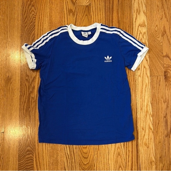 Like New Adidas 3 Stripe Short Sleeve Tee- Blue & White, Size Large - Picture 1 of 6
